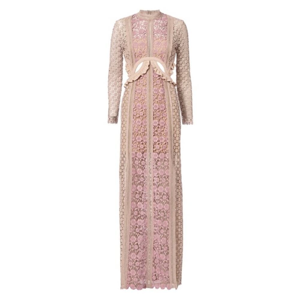 Self Portrait Payne Dress Maxi Floral Lace Cutout Long Sleeve Tan Pink Size 0 - Picture 3 of 13